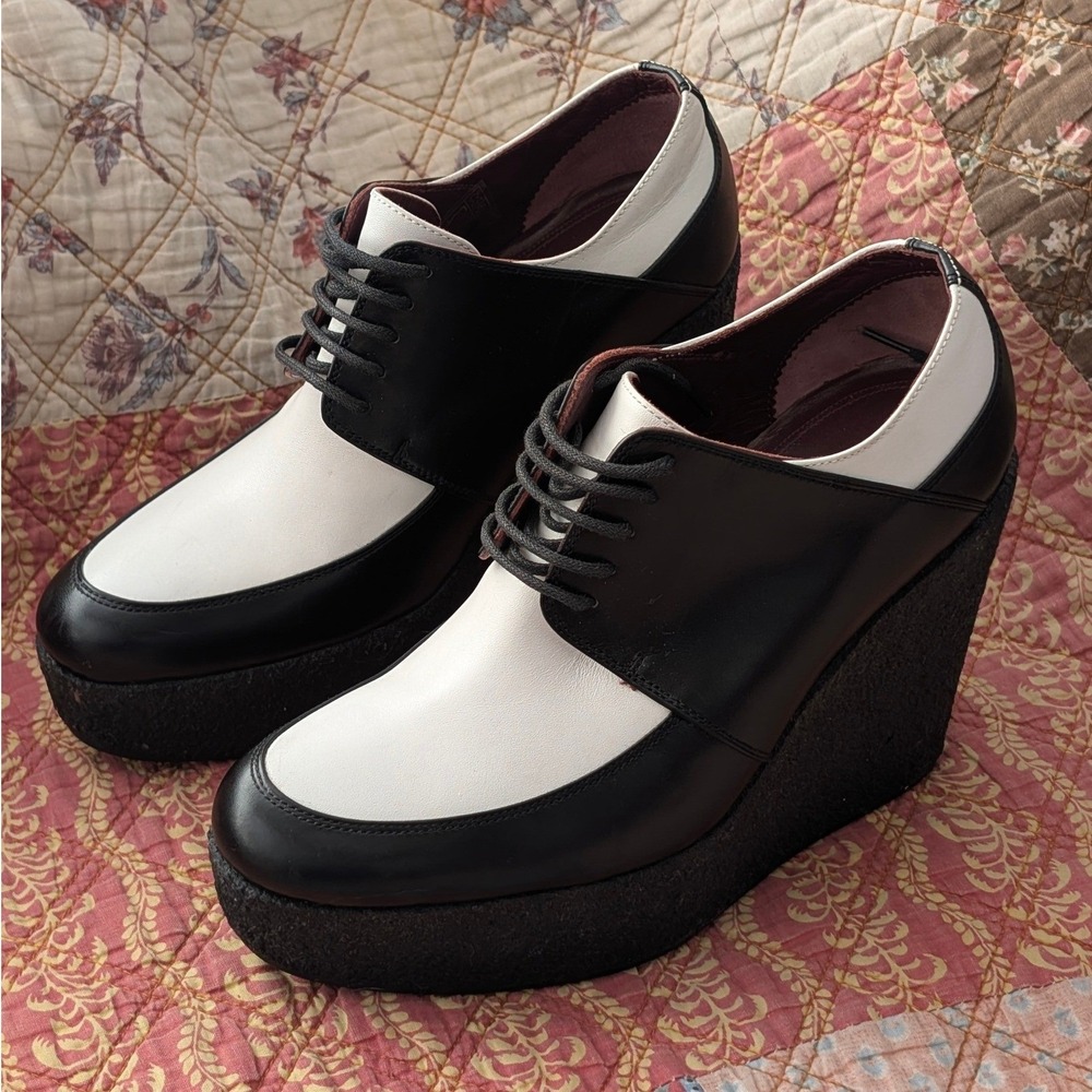 Celine Two Tone Platform Wedge Oxford Shoes Black White Leather EU 36.5